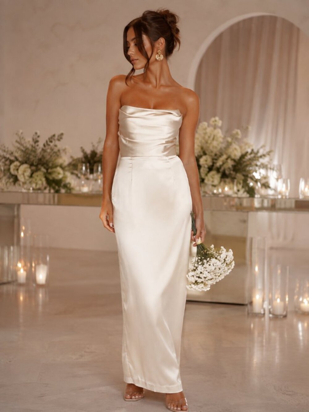 MESHKI Alanis Strapless Maxi Dress Champagne Satin Bridal Wedding S US 4